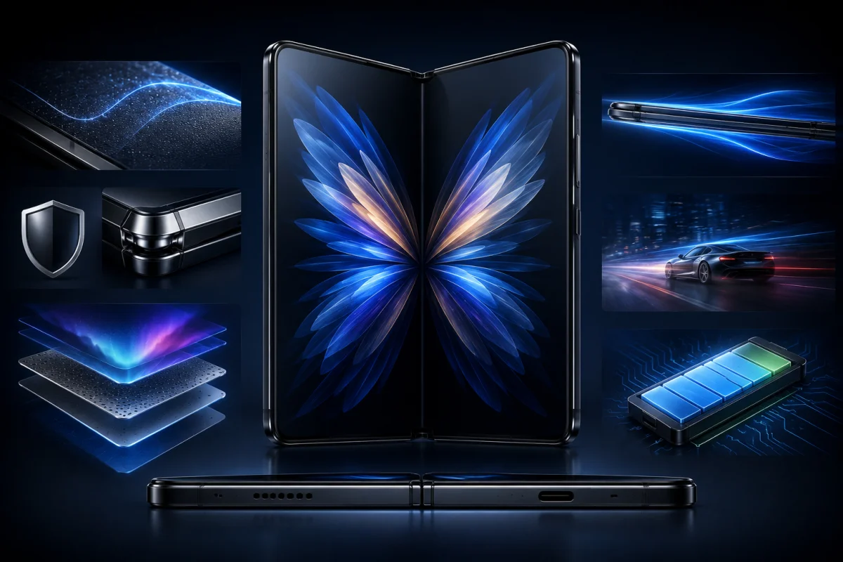 Samsung Galaxy foldable smartphone featuring Flex Titanium display technology with improved durability, thinner design, reduced crease visibility, higher display resolution, and enhanced power efficiency.