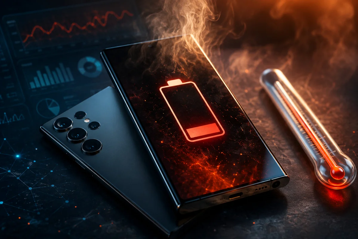Samsung Galaxy S24 showing battery drain and overheating after the July 2026 security update with excessive heat and low battery.