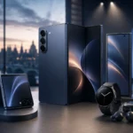 Samsung Galaxy Unpacked July 2026 concept featuring Galaxy Z Fold style foldable phone, Galaxy Z Flip style clamshell, flagship smartphone, Galaxy smartwatch, and wireless earbuds with the London skyline in the background.
