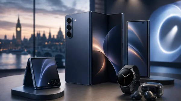 Samsung Galaxy Unpacked July 2026 concept featuring Galaxy Z Fold style foldable phone, Galaxy Z Flip style clamshell, flagship smartphone, Galaxy smartwatch, and wireless earbuds with the London skyline in the background.