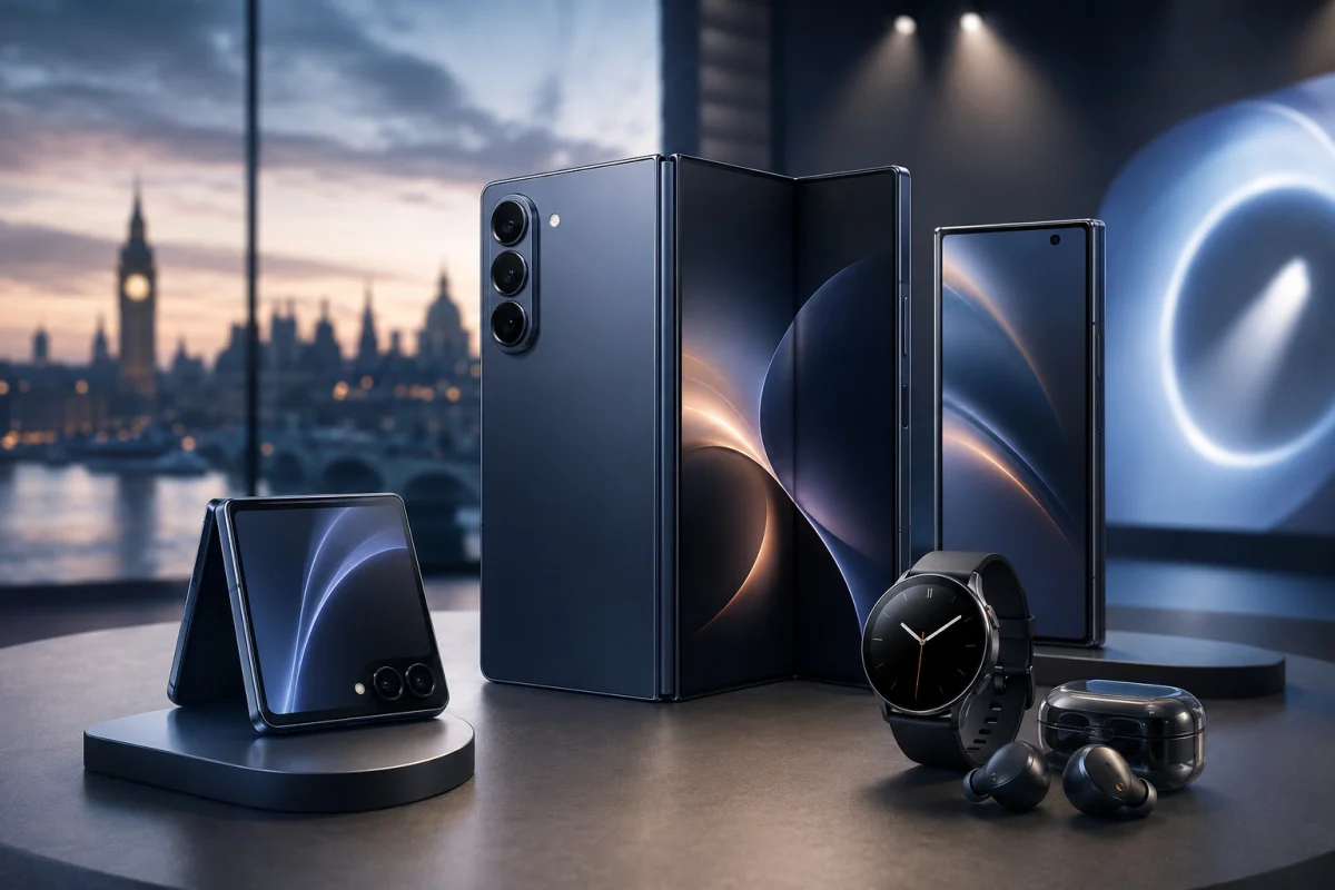 Samsung Galaxy Unpacked July 2026 concept featuring Galaxy Z Fold style foldable phone, Galaxy Z Flip style clamshell, flagship smartphone, Galaxy smartwatch, and wireless earbuds with the London skyline in the background.