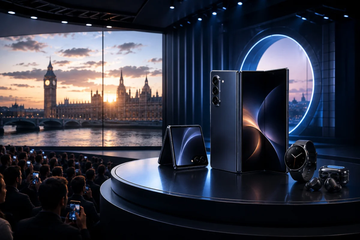 Samsung Galaxy Unpacked event in London featuring next-generation Galaxy foldable smartphones, smartwatch, and wireless earbuds on a premium launch stage.