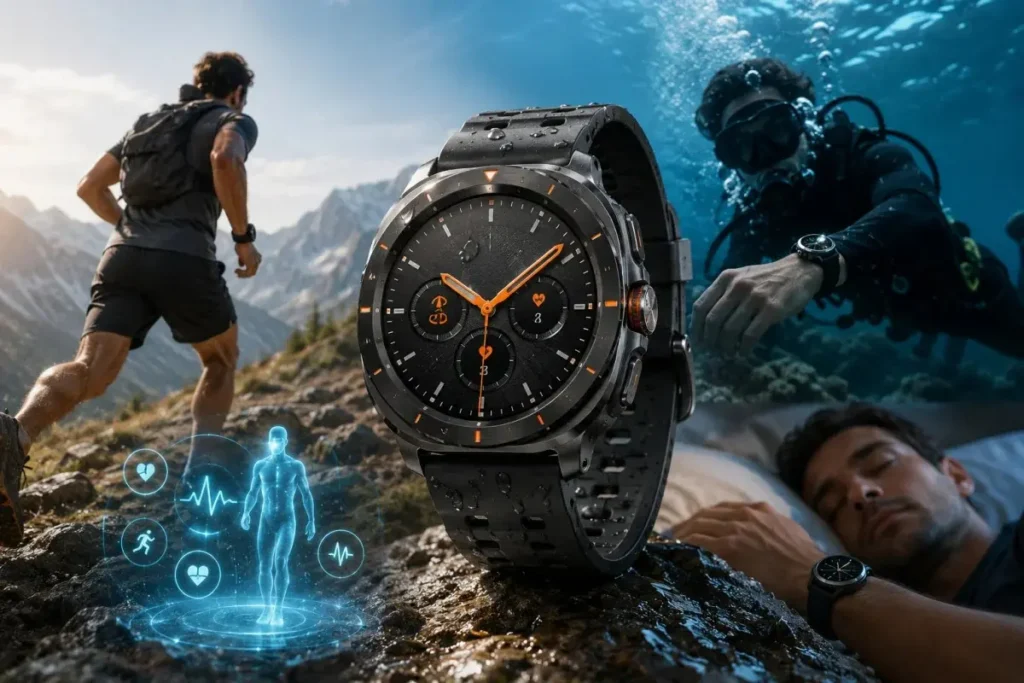 Samsung Galaxy Watch Ultra displayed in a rugged outdoor landscape featuring mountains, water, and diving gear, highlighting its durable design, brighter display, and long battery life.