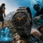 Samsung Galaxy Watch Ultra displayed in a rugged outdoor landscape featuring mountains, water, and diving gear, highlighting its durable design, brighter display, and long battery life.