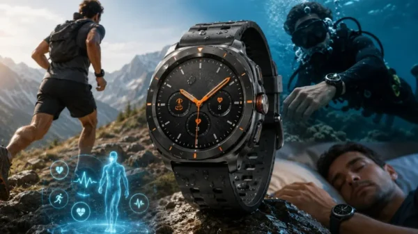 Samsung Galaxy Watch Ultra displayed in a rugged outdoor landscape featuring mountains, water, and diving gear, highlighting its durable design, brighter display, and long battery life.