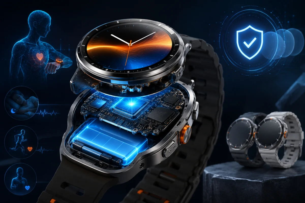 Exploded-view illustration of Samsung Galaxy Watch Ultra showing its larger battery, advanced processor, brighter display, premium internal hardware, and long-term software support.