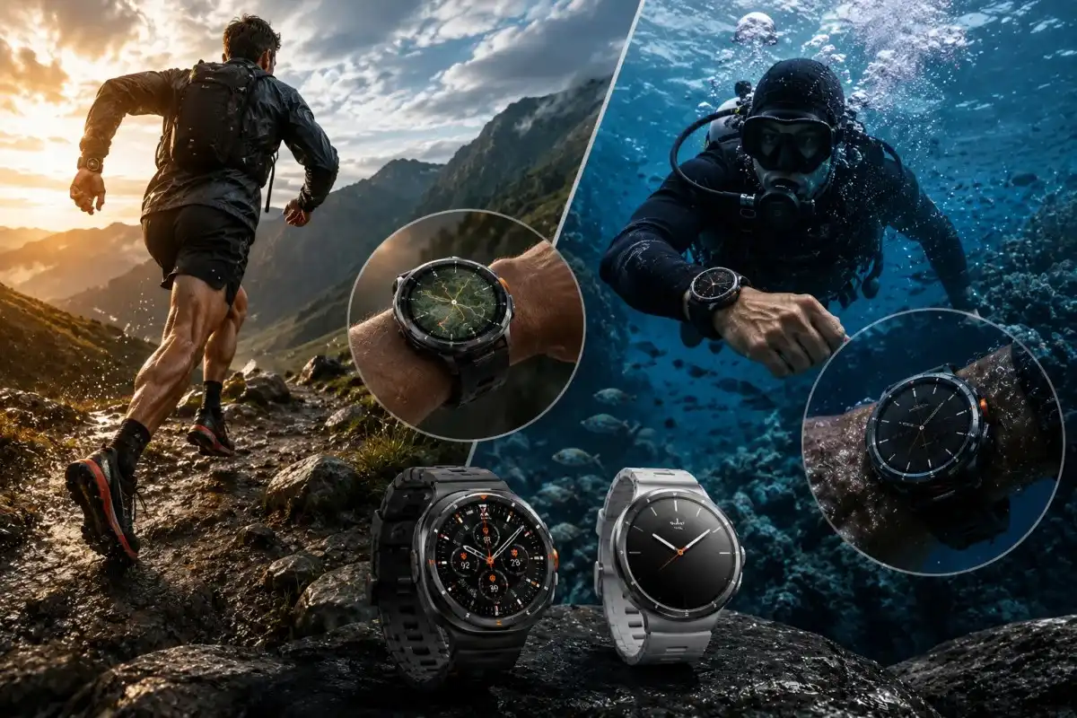 Samsung Galaxy Watch Ultra used during mountain trail running and professional diving, showcasing rugged durability, outdoor navigation, water resistance, and endurance compared with a lighter smartwatch.