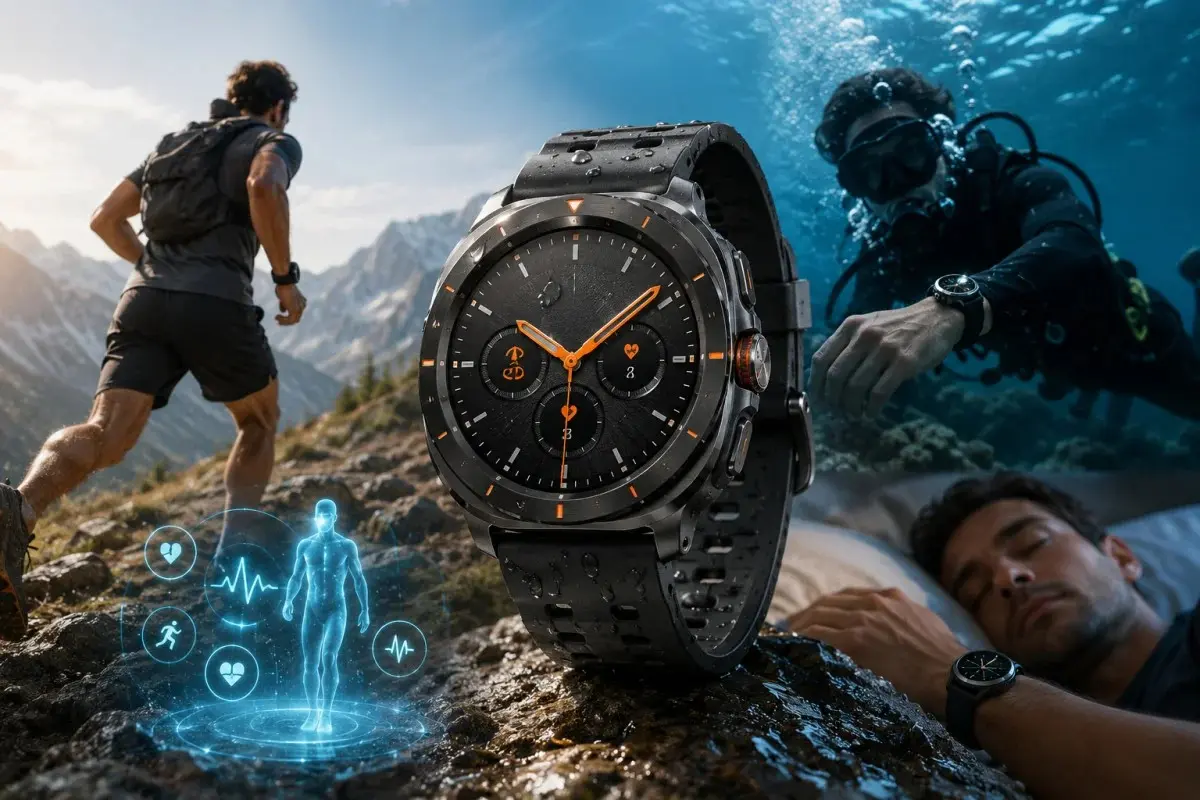 Samsung Galaxy Watch Ultra displayed in a rugged outdoor landscape featuring mountains, water, and diving gear, highlighting its durable design, brighter display, and long battery life.