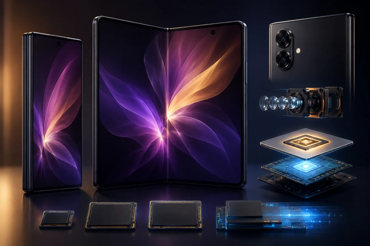 Concept illustration of the Samsung Galaxy Z Fold 8 showcasing its wider foldable design, dual rear cameras, advanced processor, foldable display, and internal hardware components based on rumored specifications.