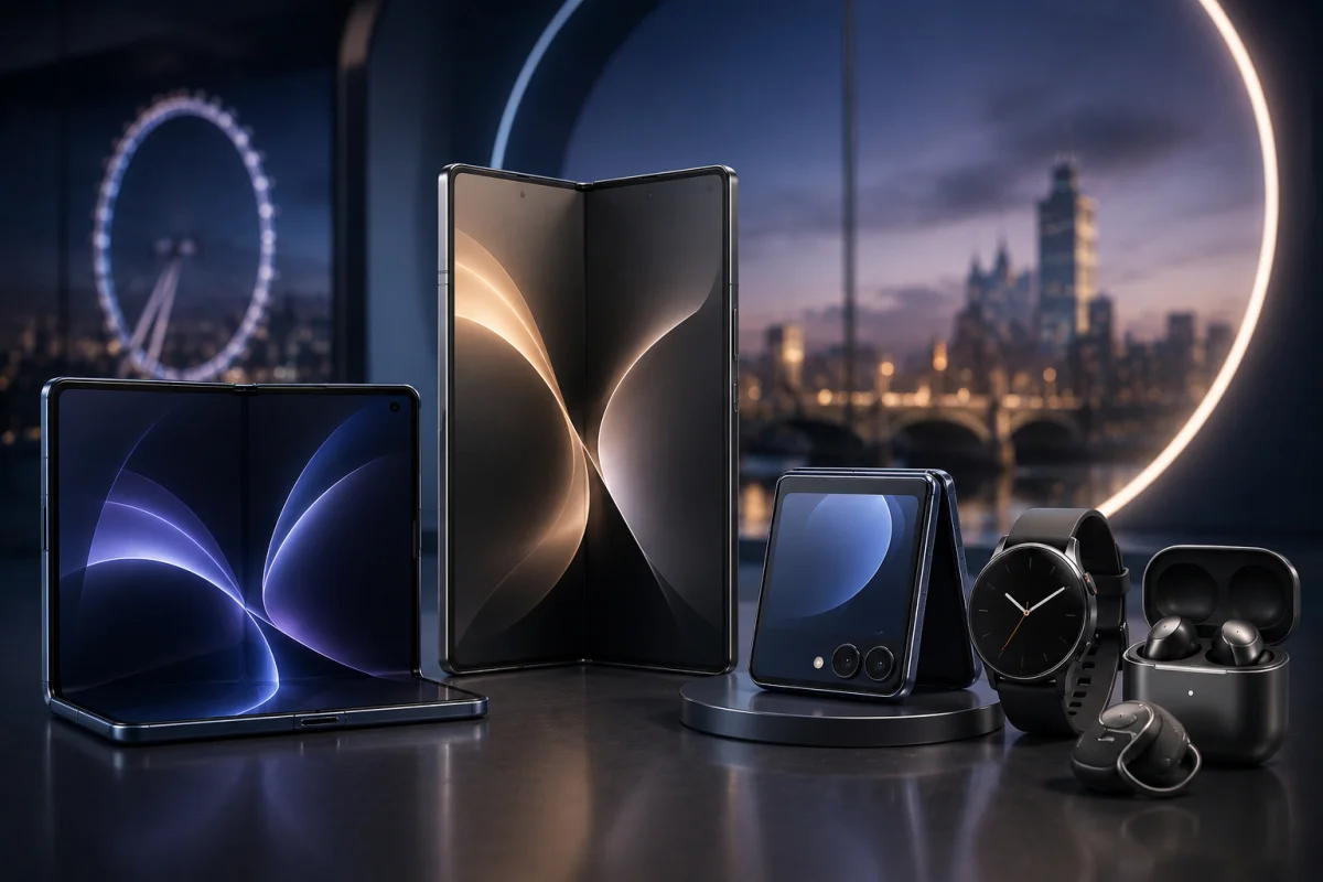 Samsung Galaxy Z Fold 8 lineup featuring a wide foldable phone, traditional foldable, Galaxy Z Flip style clamshell, smartwatch, and wireless earbuds in a premium product showcase.