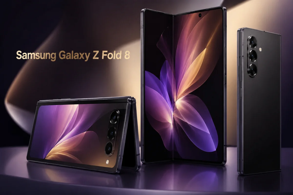 Samsung Galaxy Z Fold 8 featuring the rumored wider foldable design shown from multiple angles ahead of its expected July launch.