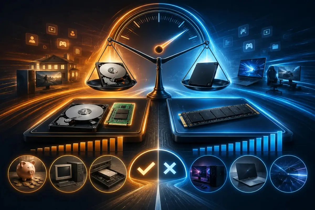 Creative illustration of Smart Response Technology comparing Intel SRT cache acceleration with a full SSD, showing performance benchmarks, older PC upgrades, and modern SSD advantages without any text.