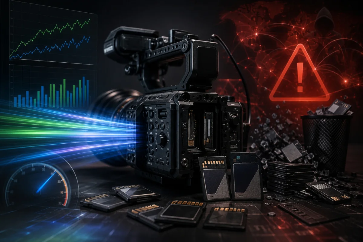 Sony Fx5 Cinema Camera with high-speed storage cards representing recording speed and storage requirements