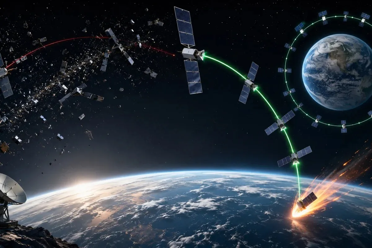 SpaceX Starlink satellite deorbit illustration showing a retired satellite safely reentering Earth's atmosphere through controlled descent while active satellites remain in low Earth orbit, reducing orbital debris and supporting responsible satellite constellation management.