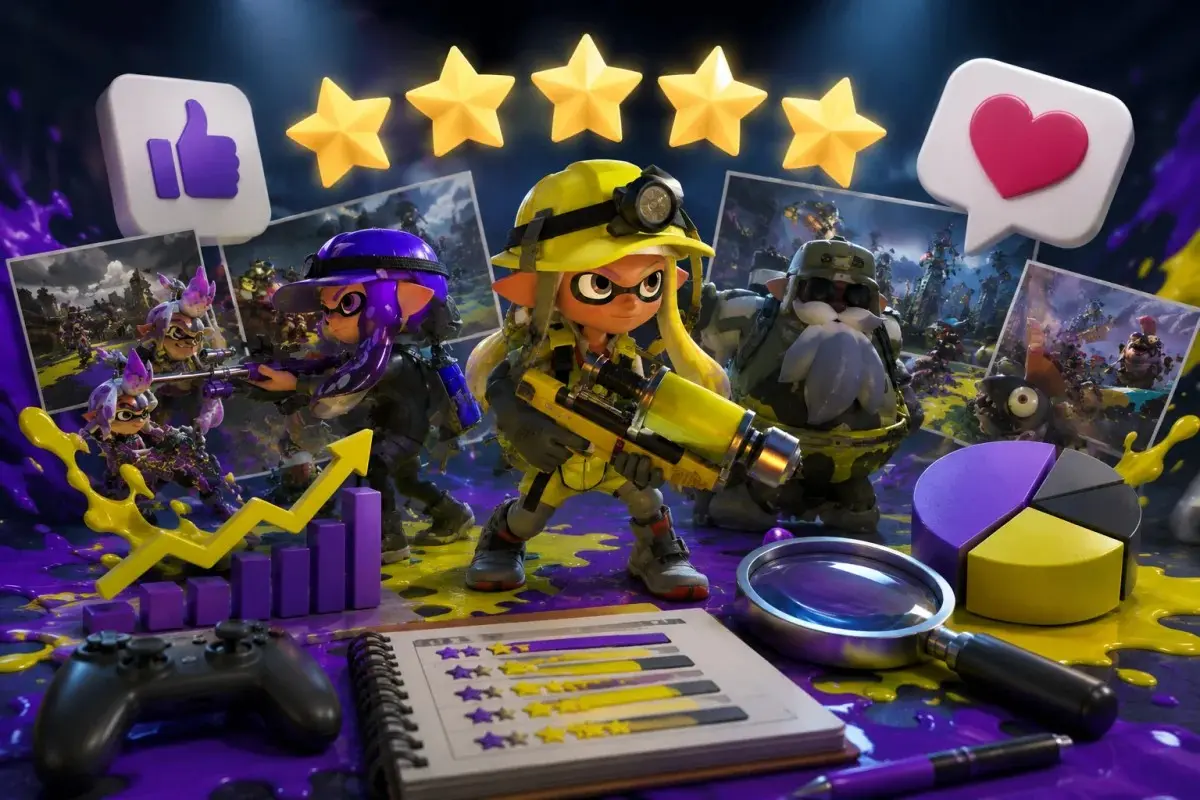 Splatoon raiders action scene representing positive critic reception, cooperative gameplay, weapon variety, and strong overall review impressions on Nintendo Switch 2.