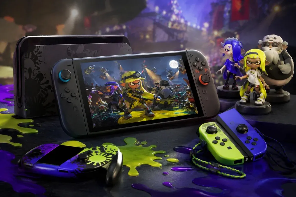 Splatoon raiders running on Nintendo Switch 2 alongside themed controllers and collectible figures representing the game's release, platform availability, and launch accessories.
