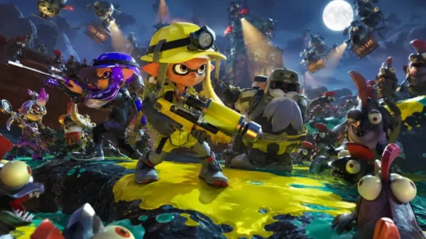 Featured image of splatoon raiders showing the mechanic battling Salmonid enemies with Deep Cut companions during a cinematic single-player raid on Nintendo Switch 2.