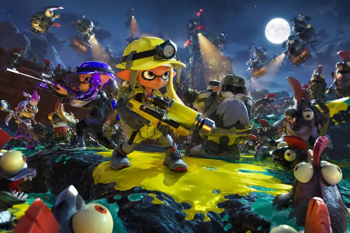 Featured image of splatoon raiders showing the mechanic battling Salmonid enemies with Deep Cut companions during a cinematic single-player raid on Nintendo Switch 2.