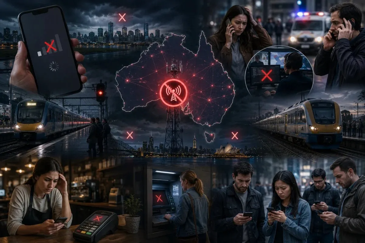 Editorial illustration of Telstra outages disrupting emergency calls, regional train services, mobile connectivity, EFTPOS and ATM transactions, and telecommunications infrastructure across Australia.