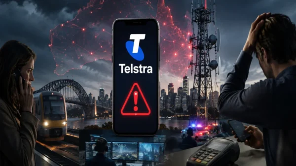 Featured image illustrating Telstra outages affecting Australia's mobile network, emergency calls, transport services, and payment systems during a nationwide telecommunications disruption.