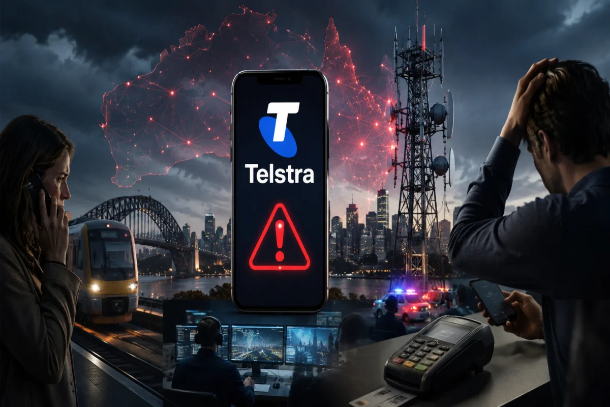 Featured image illustrating Telstra outages affecting Australia's mobile network, emergency calls, transport services, and payment systems during a nationwide telecommunications disruption.