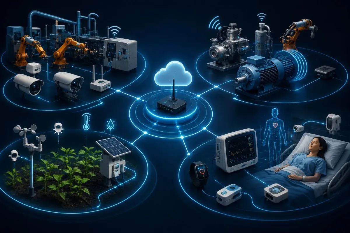 Illustration of IoT monitoring showing remote device monitoring, asset and condition monitoring, environmental monitoring, and patient and health monitoring connected through a centralized cloud-based IoT platform.