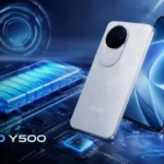 Featured image of the Vivo Y500 highlighting its 8100mAh battery, 120Hz AMOLED display, modern smartphone design, and advanced mobile technology in a futuristic setting.