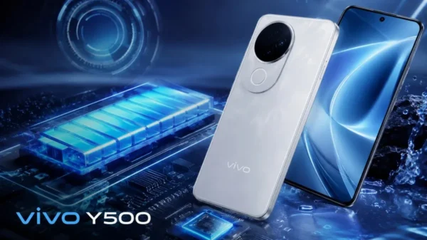 Featured image of the Vivo Y500 highlighting its 8100mAh battery, 120Hz AMOLED display, modern smartphone design, and advanced mobile technology in a futuristic setting.