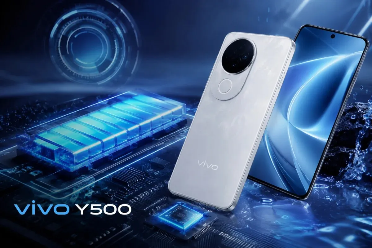 Featured image of the Vivo Y500 highlighting its 8100mAh battery, 120Hz AMOLED display, modern smartphone design, and advanced mobile technology in a futuristic setting.