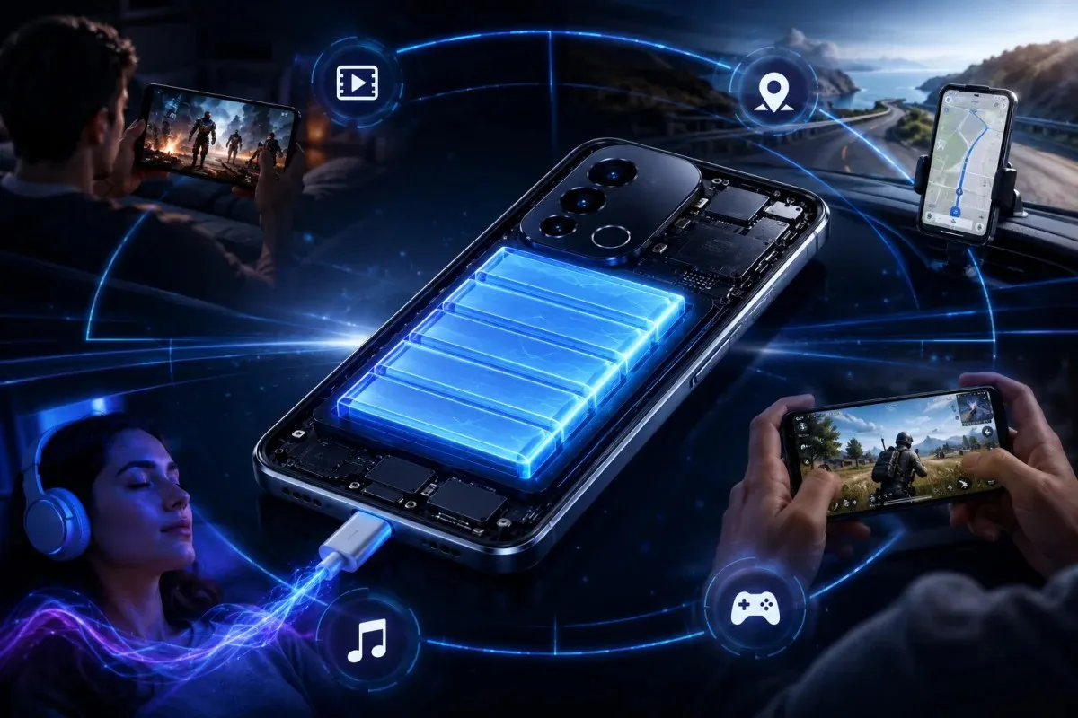 Illustration of the Vivo Y500 showcasing its large battery, fast charging, efficient cooling system, and long-lasting performance for video playback, GPS navigation, gaming, and music streaming in a futuristic technology setting.