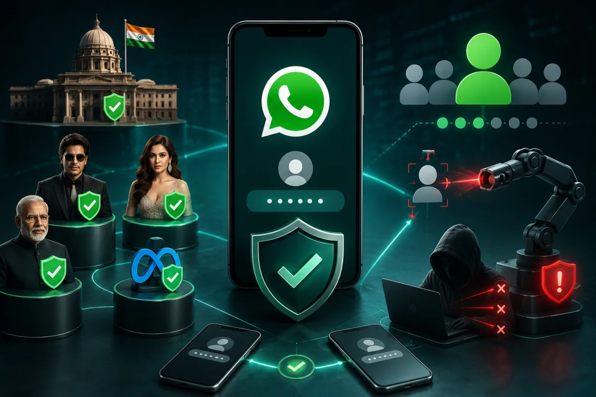 WhatsApp security safeguards illustrating verified account protection, reserved usernames, messaging limits, impersonation detection, and secure username-based communication.