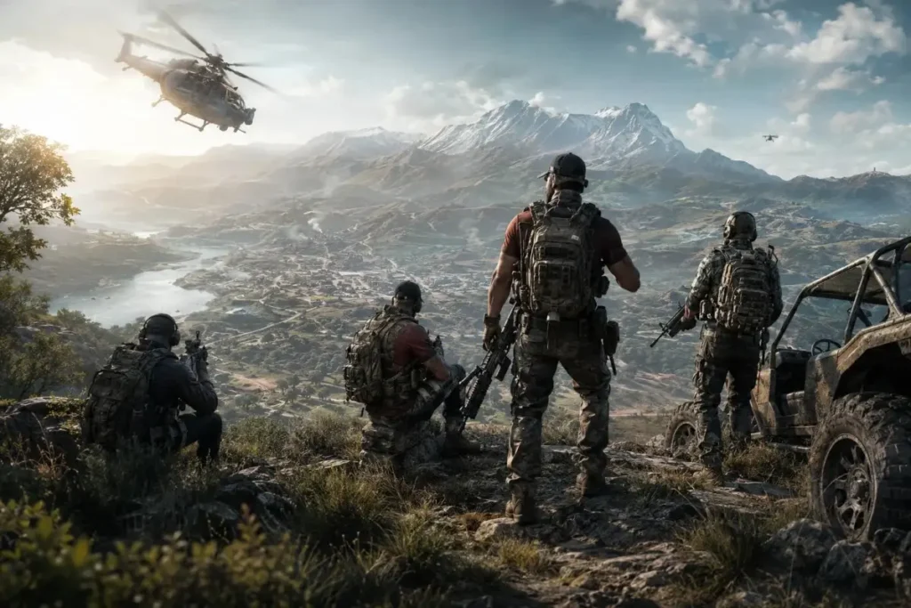 Wildlands tactical squad overlooking a massive open-world battlefield representing the rumored Definitive Edition with enhanced 4K visuals and smoother 60 FPS gameplay on modern consoles.