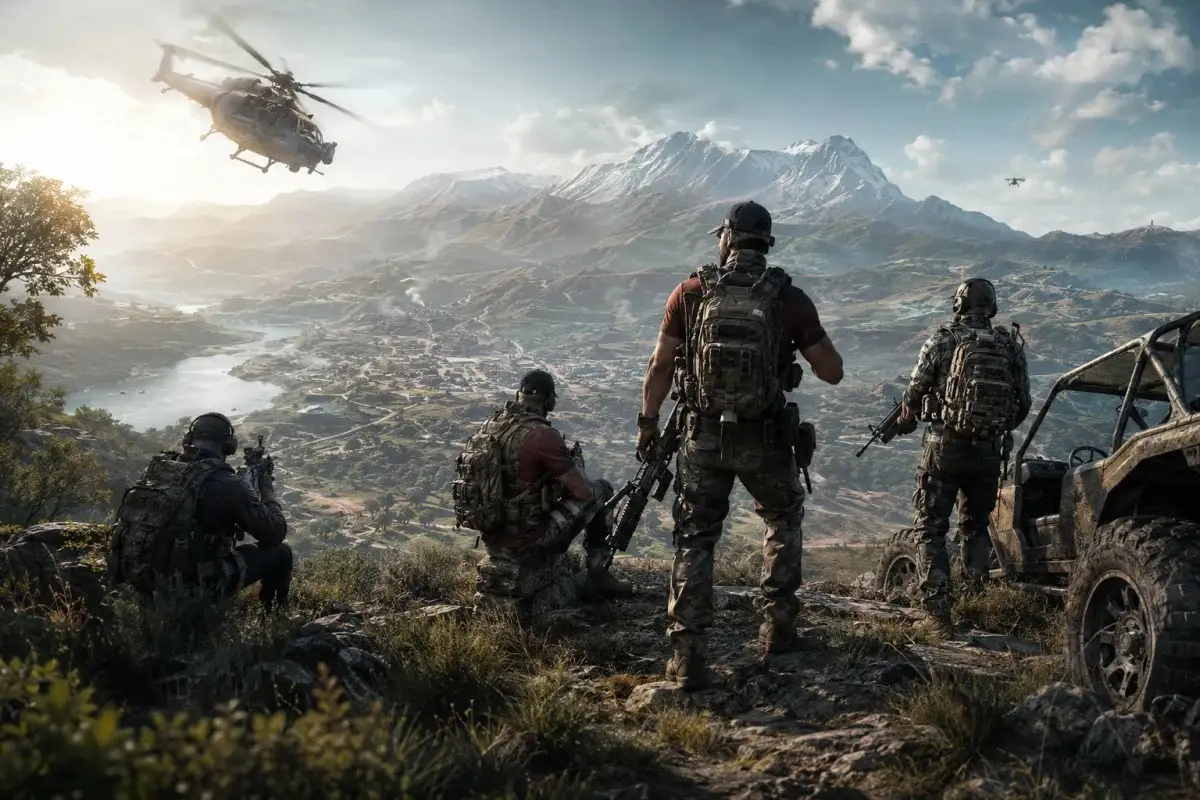 Wildlands tactical squad overlooking a massive open-world battlefield representing the rumored Definitive Edition with enhanced 4K visuals and smoother 60 FPS gameplay on modern consoles.