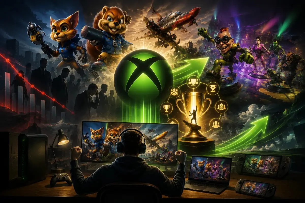 Xbox backward compatibility rollout showing classic games on PC, cross-device gaming, game preservation, and upcoming achievements support.
