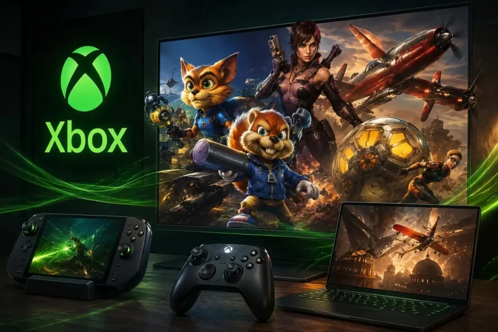 Xbox backward compatibility on PC featuring classic Xbox games running across Windows desktop and handheld gaming devices.