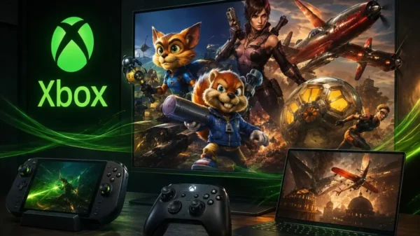 Xbox backward compatibility on PC featuring classic Xbox games running across Windows desktop and handheld gaming devices.