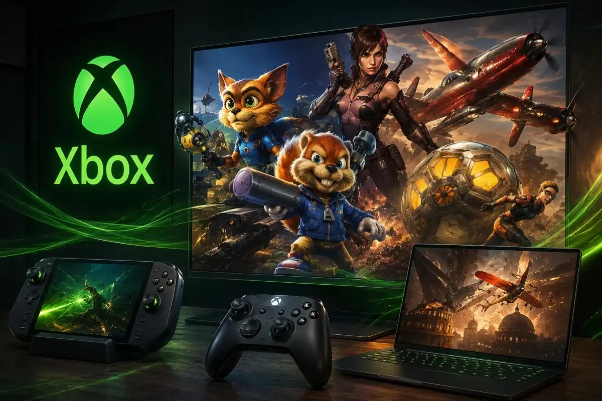 Xbox backward compatibility on PC featuring classic Xbox games running across Windows desktop and handheld gaming devices.