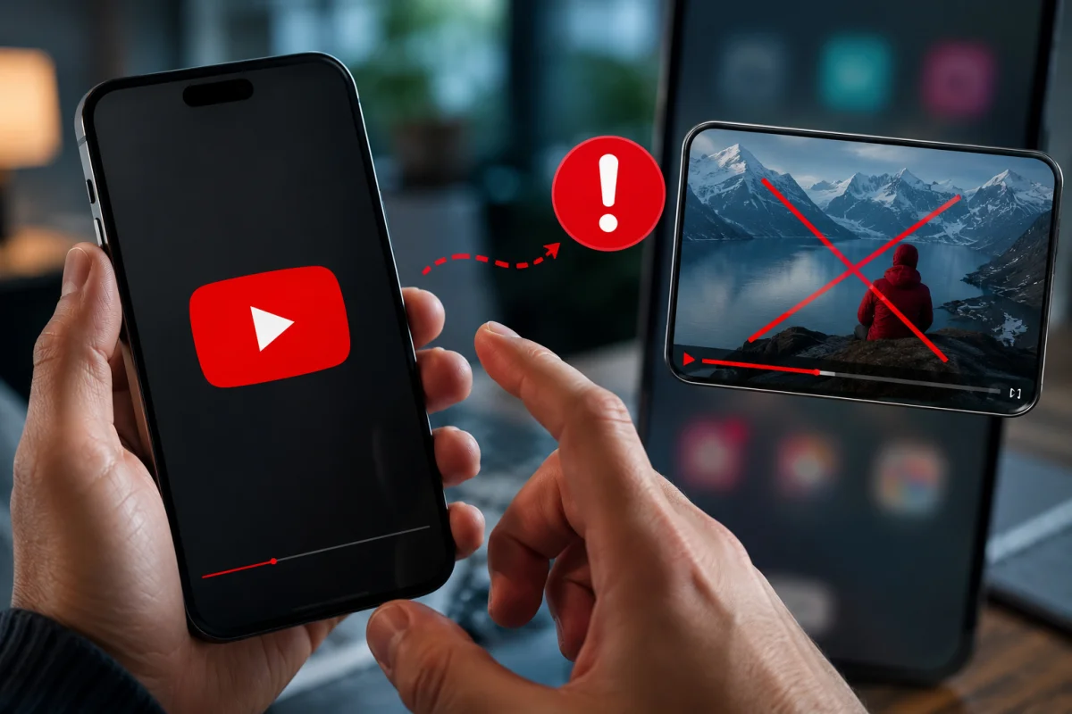 YouTube PiP image showing the floating playback window failing to appear while video audio continues in the background on a smartphone.